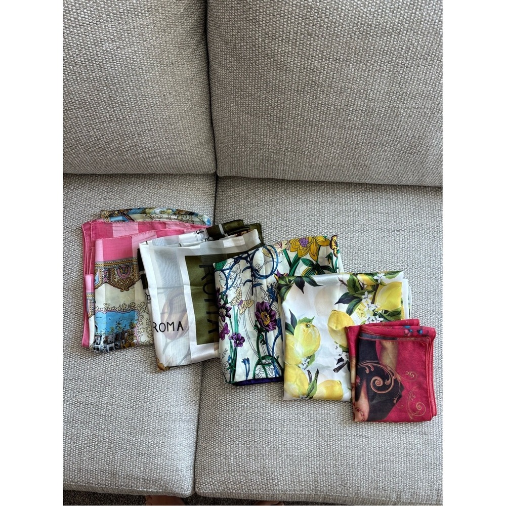 Set of (5) silky scarves purchased in various countries Italy Argentina